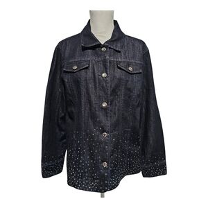 Chicos Platinum Jean Jacket Sz 3 Dark Blue Denim Rhinestone Sequin Embellished
